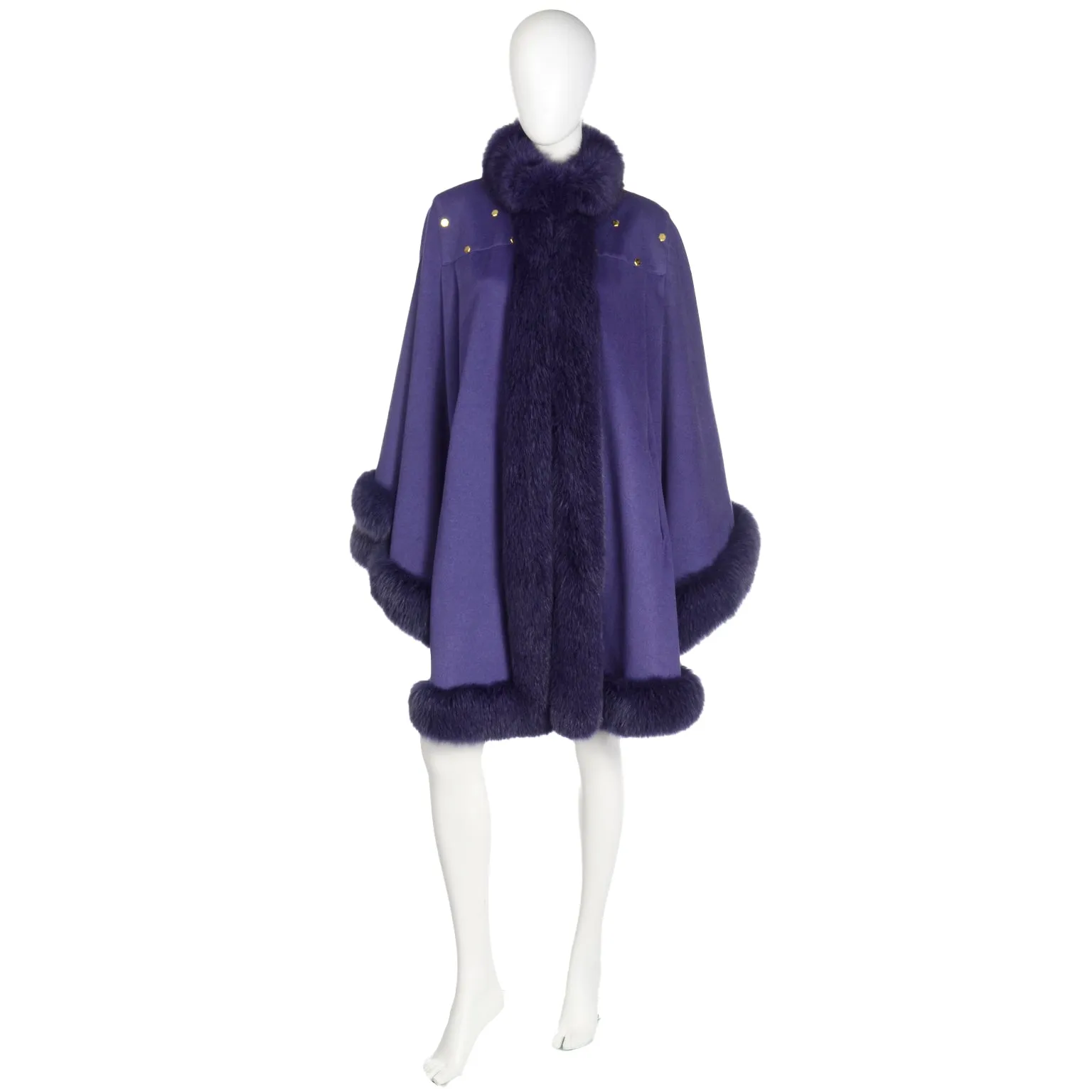 Vintage Revillon Purple Wool Studded Cape w Dyed Fur Trim