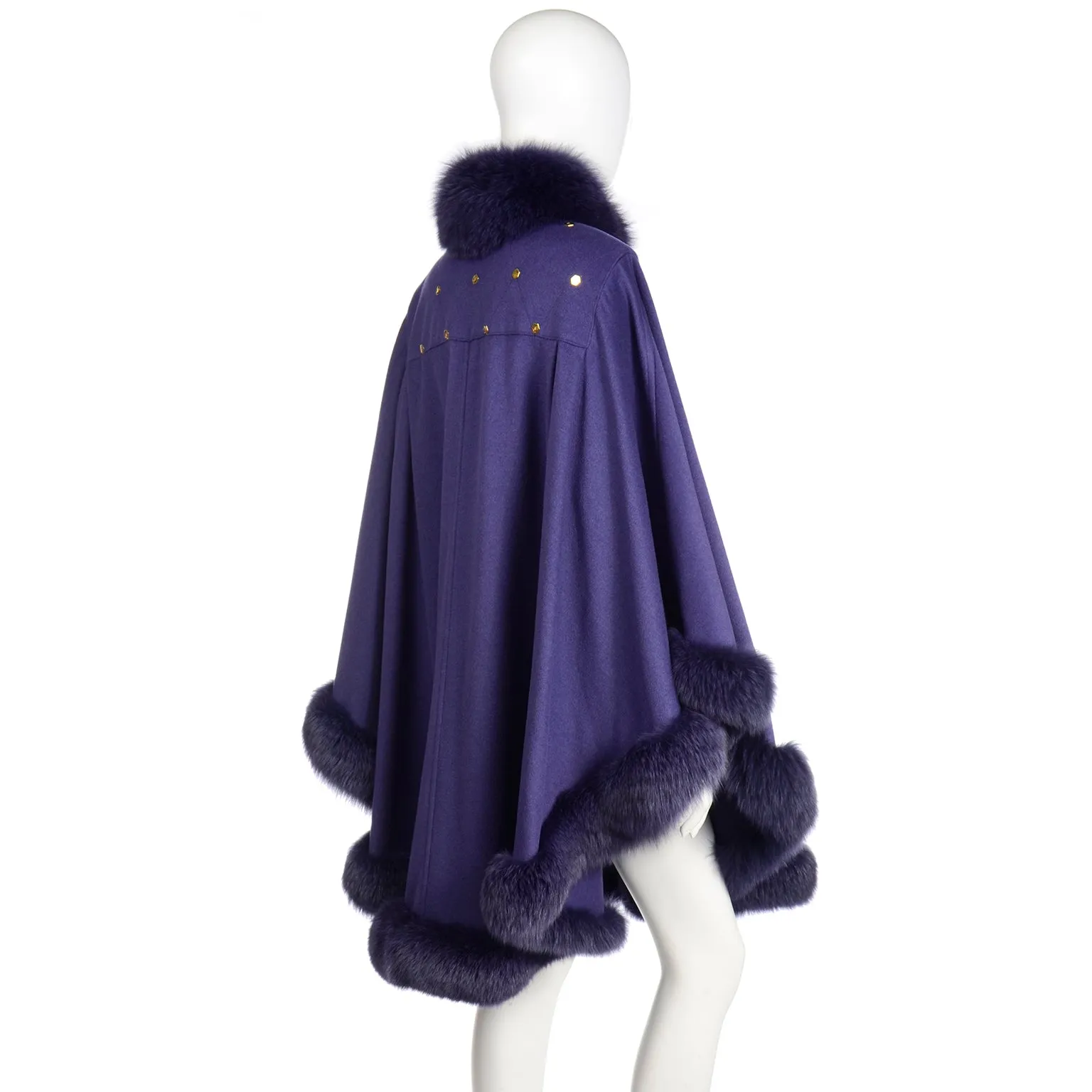 Vintage Revillon Purple Wool Studded Cape w Dyed Fur Trim