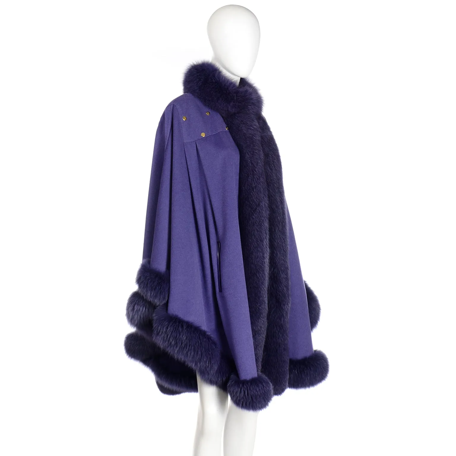 Vintage Revillon Purple Wool Studded Cape w Dyed Fur Trim