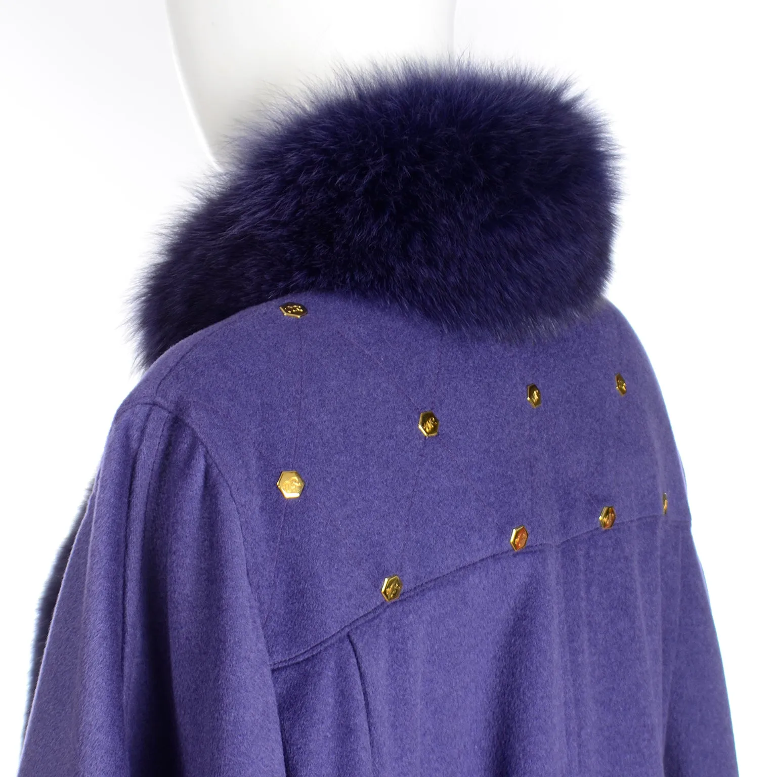 Vintage Revillon Purple Wool Studded Cape w Dyed Fur Trim