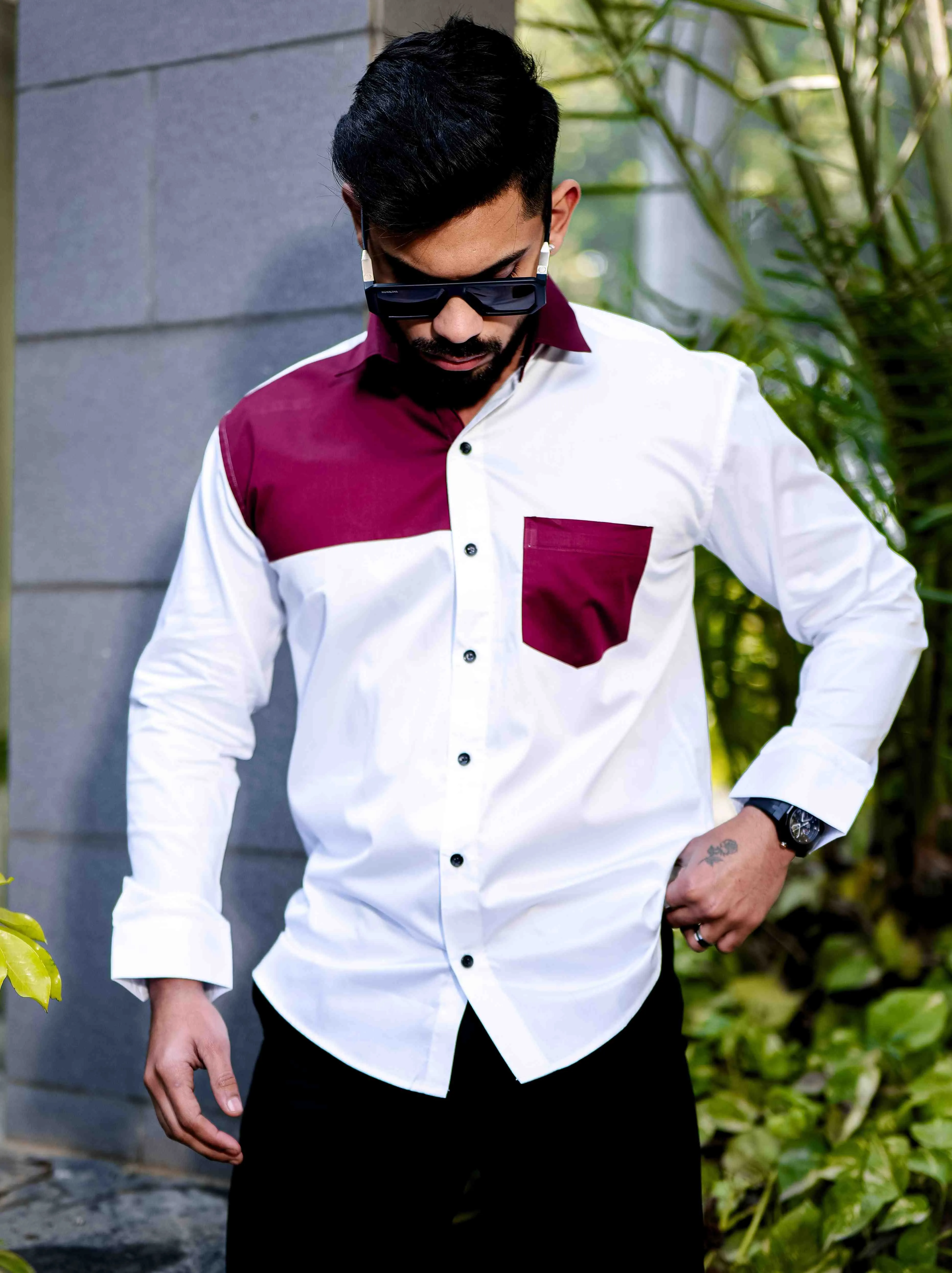 White and Maroon Cut n sew Satin Cotton Designer Shirt