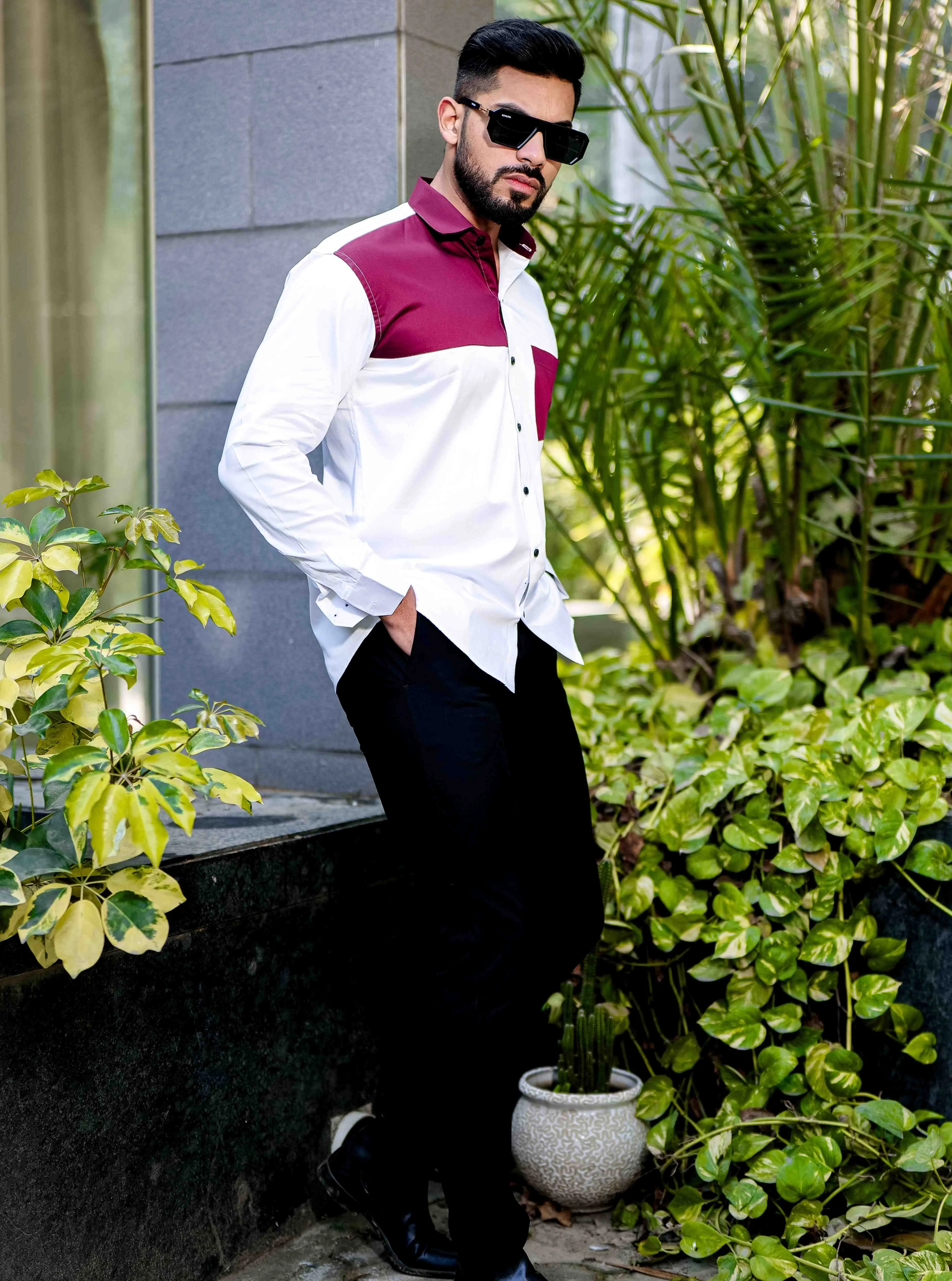 White and Maroon Cut n sew Satin Cotton Designer Shirt