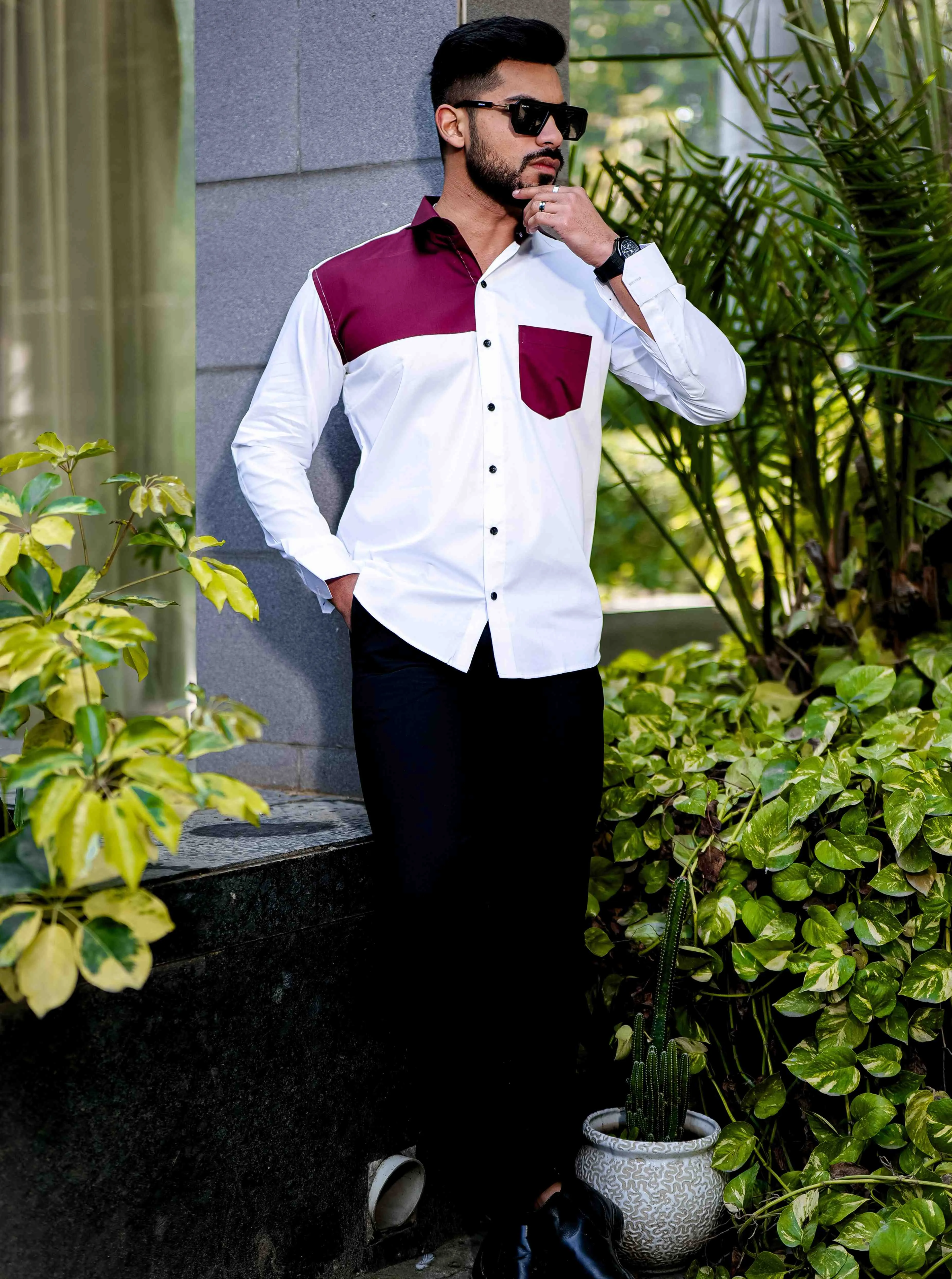 White and Maroon Cut n sew Satin Cotton Designer Shirt