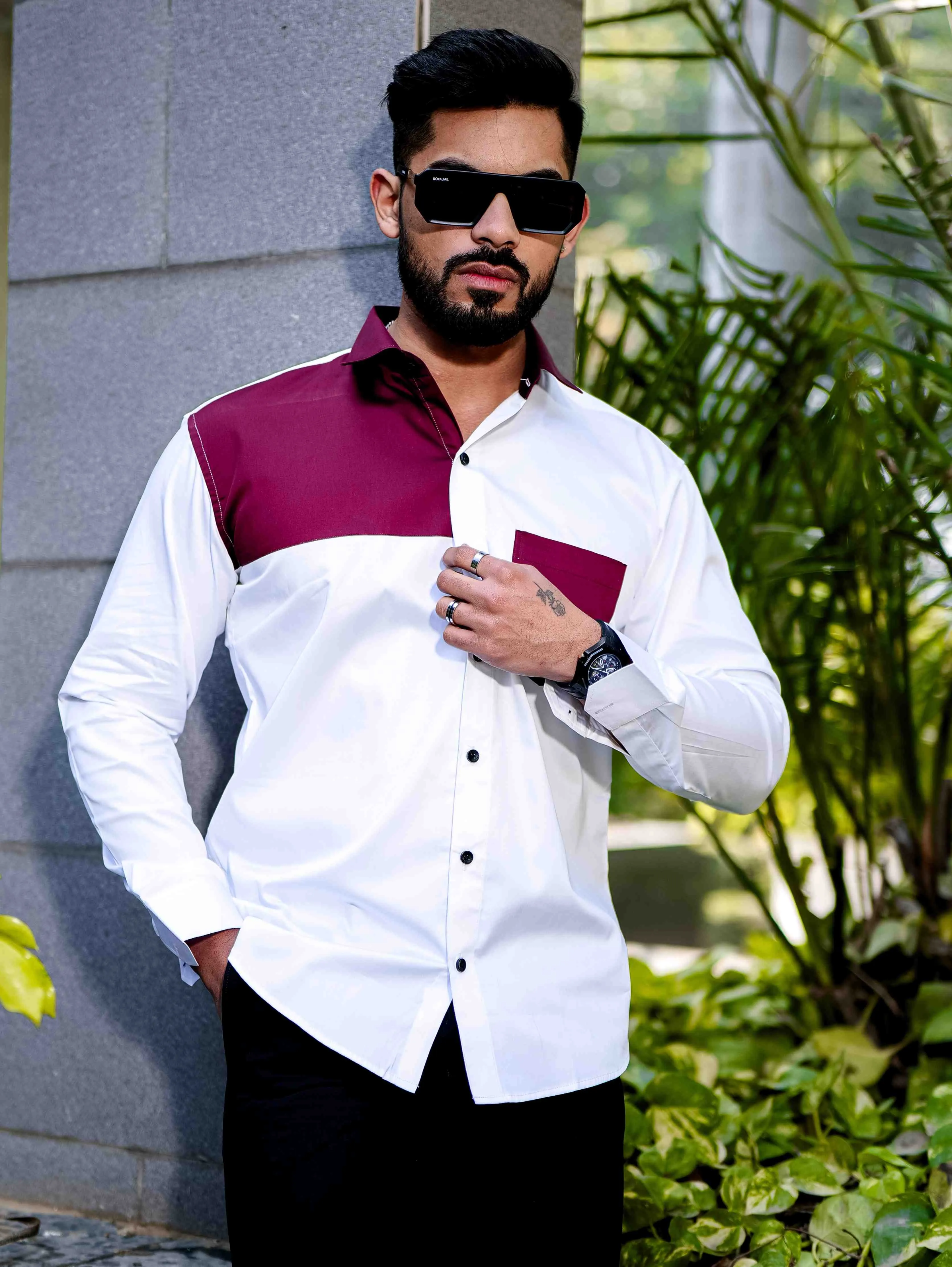 White and Maroon Cut n sew Satin Cotton Designer Shirt