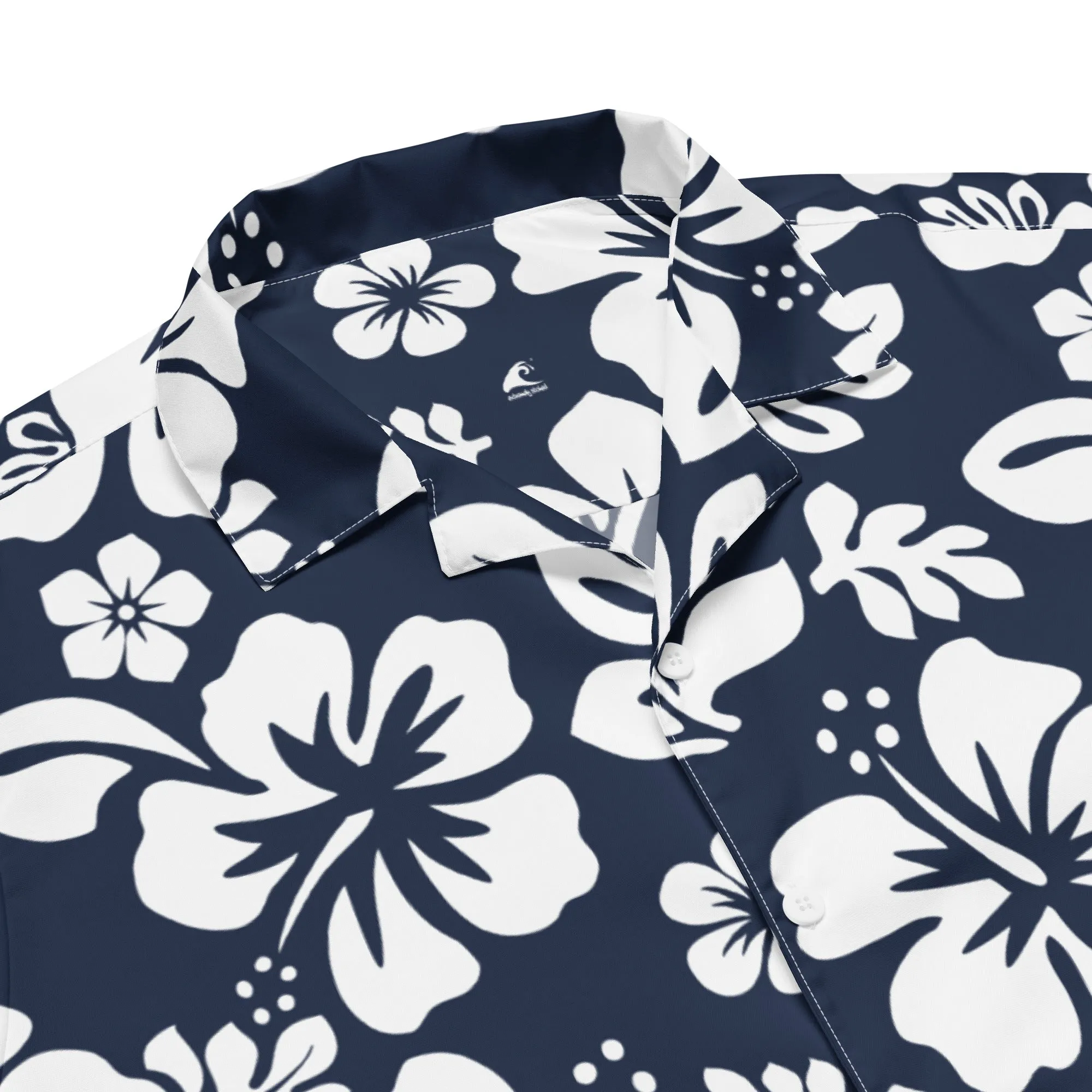 White and Navy Blue Hawaiian Print Aloha Shirt