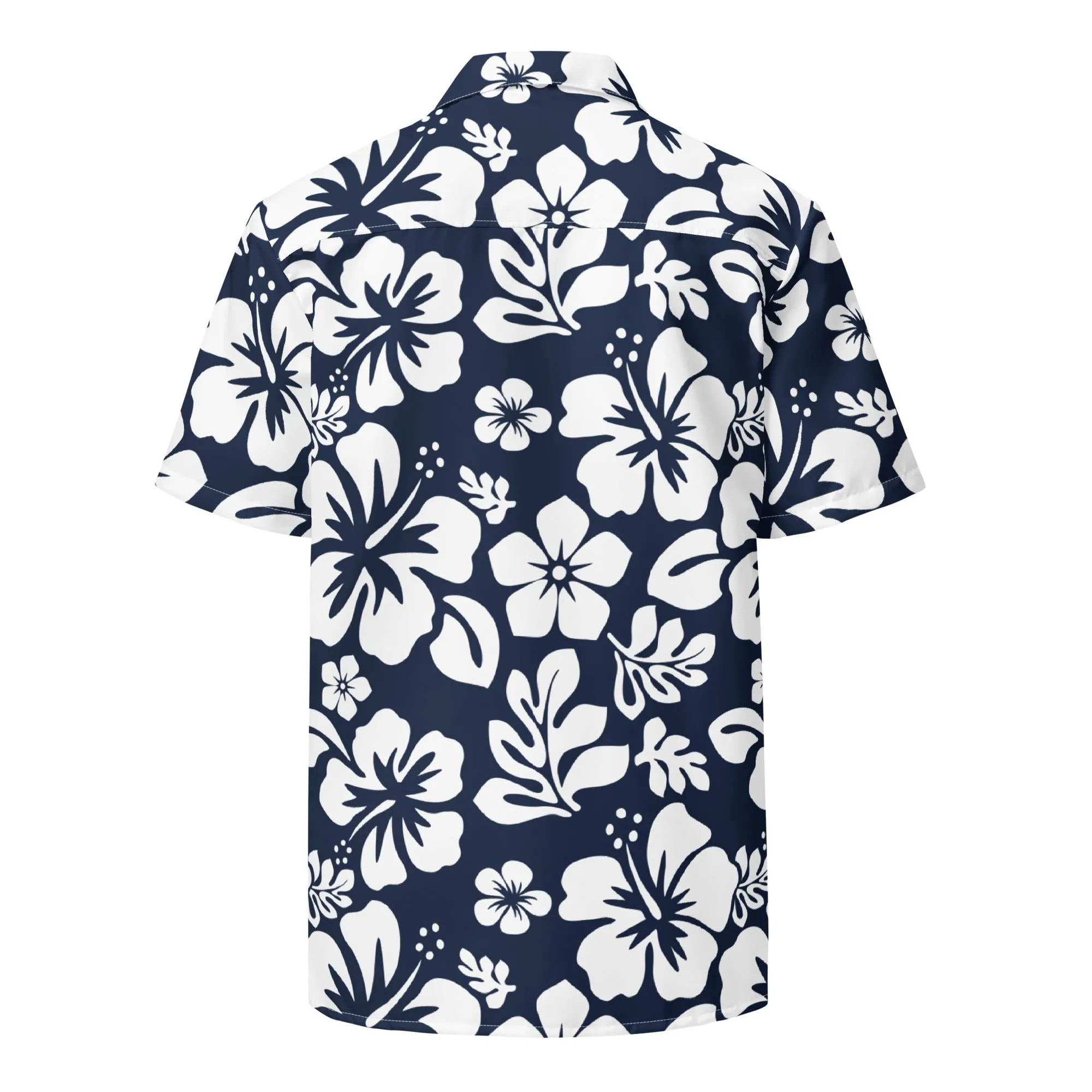 White and Navy Blue Hawaiian Print Aloha Shirt