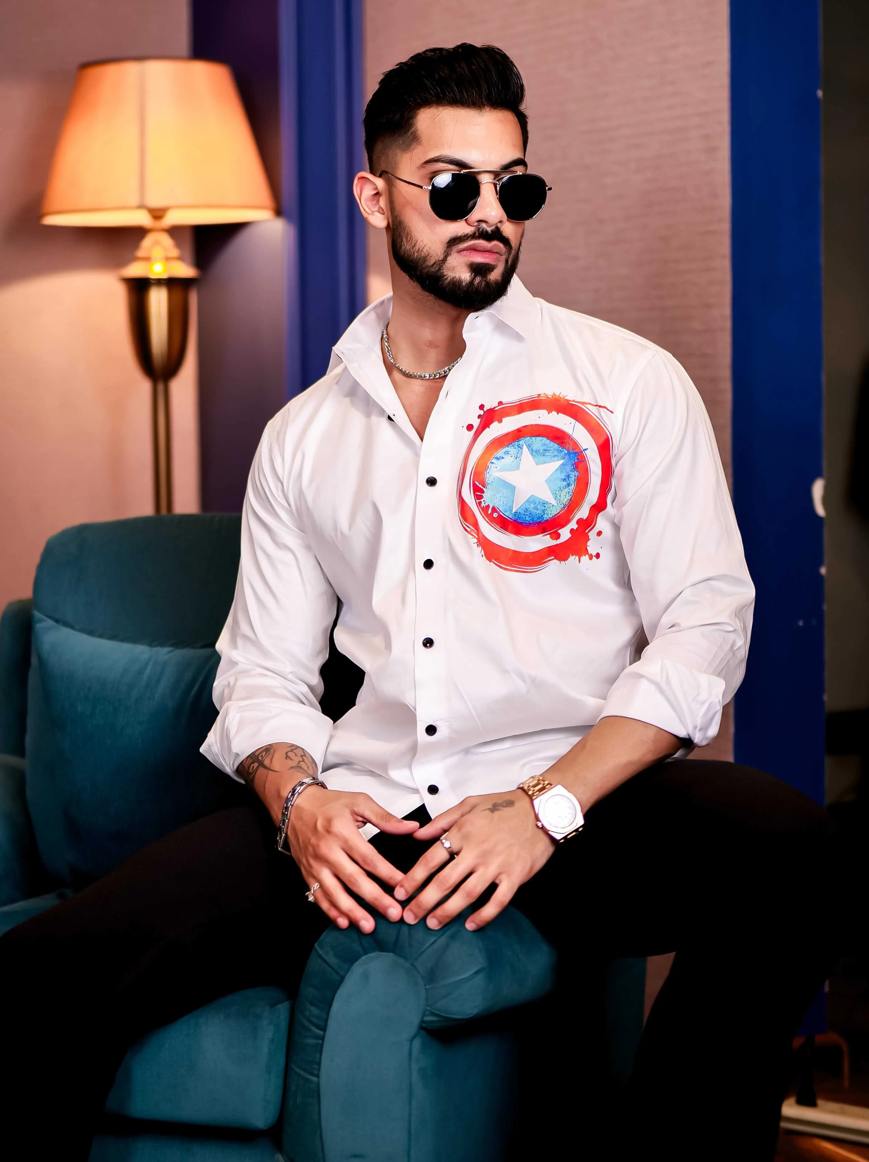 White Club Wear Shield Printed Satin Cotton Shirt