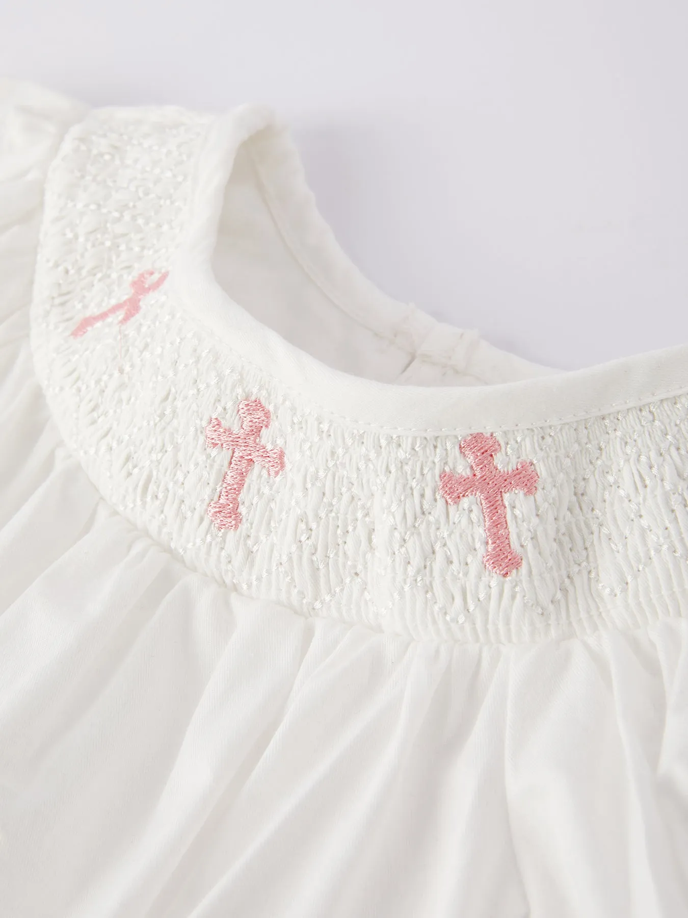 White Smocking Embroidered Crucifix Girls Romper