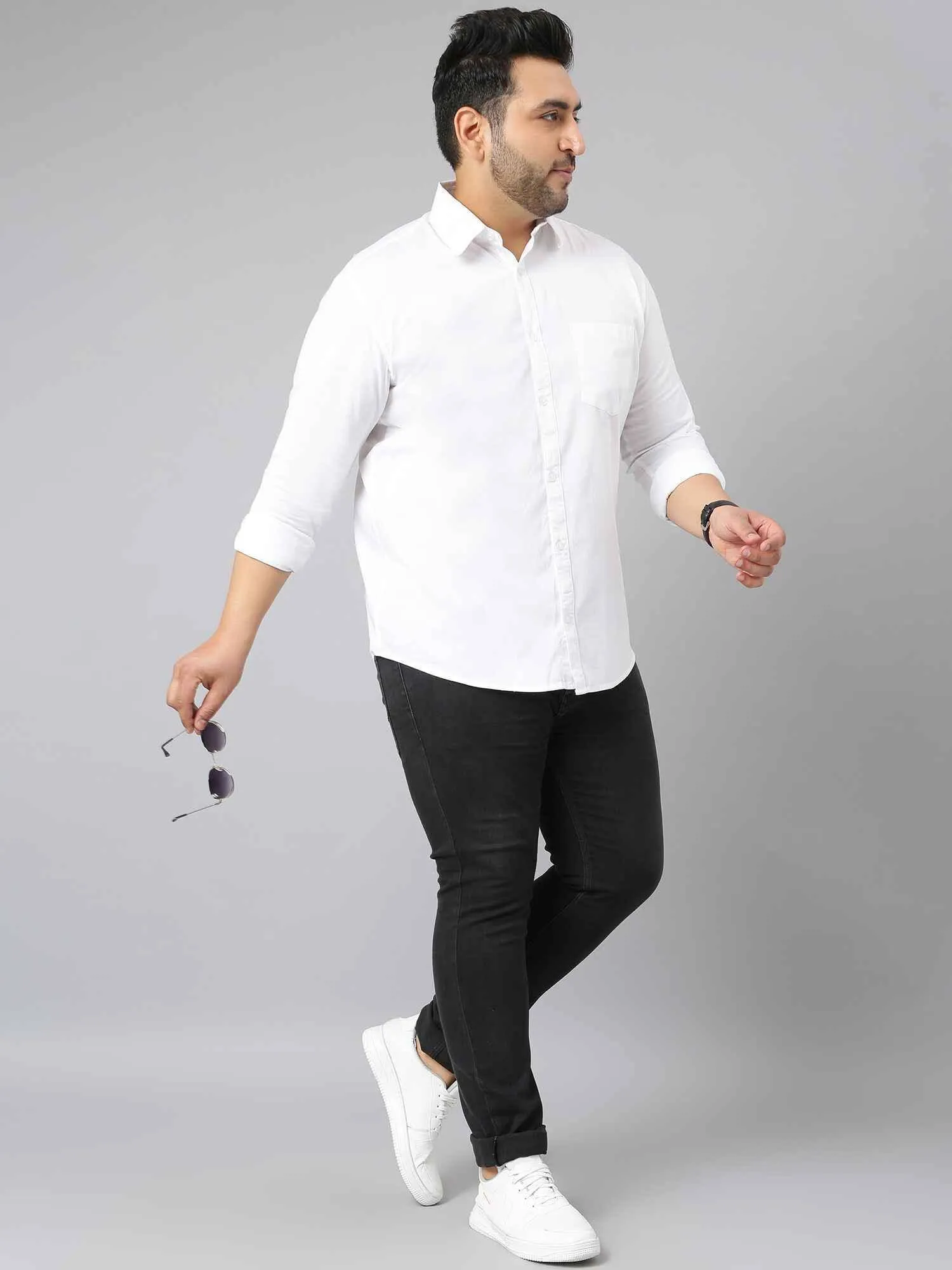 White Solid Pure Cotton Full Sleeve Shirt Men's Plus Size