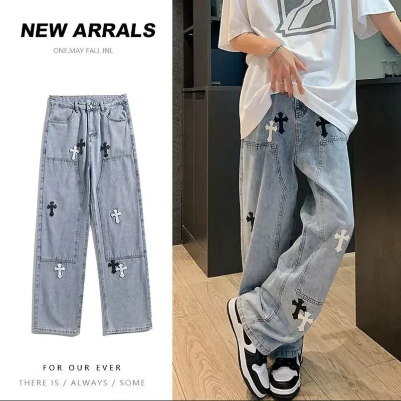 Wiaofellas  -  Men's Jeans Wide Leg Denim Straight Men Jeans Man Jeans Casual Pants Cross Jeans High Street Jeans High Waist Jeans For Men