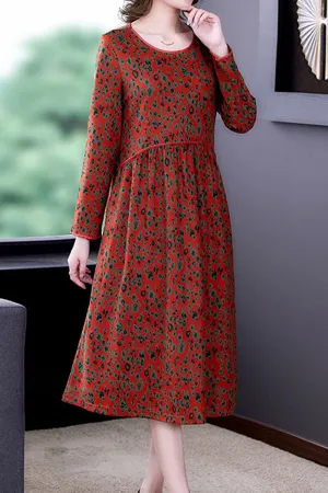 Women Beautiful Round Neck Long Sleeve Mid-Length Splendid Floral Pattern Thin Casual Dress - WDC14758