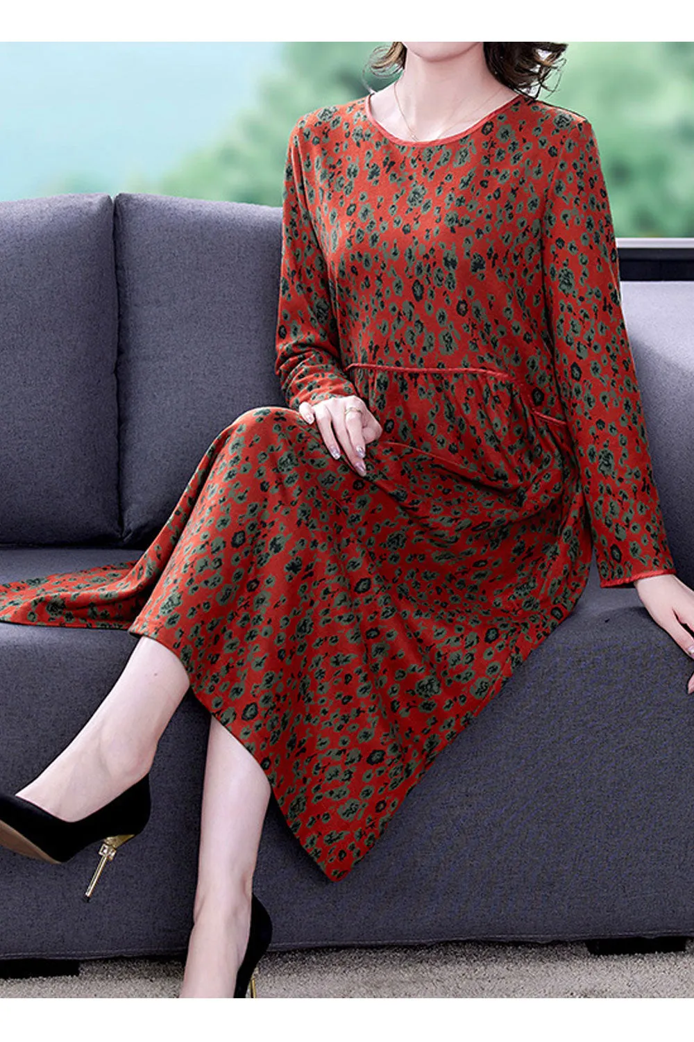 Women Beautiful Round Neck Long Sleeve Mid-Length Splendid Floral Pattern Thin Casual Dress - WDC14758