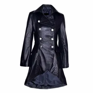 Women Victorian Double Breast Black Leather Coat