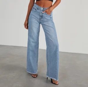 Women's Denim High Waist Fashion Wide Leg Pants Cotton Trousers Autumn Tide Straight Pants De Mujer Frayed Hem Jeans