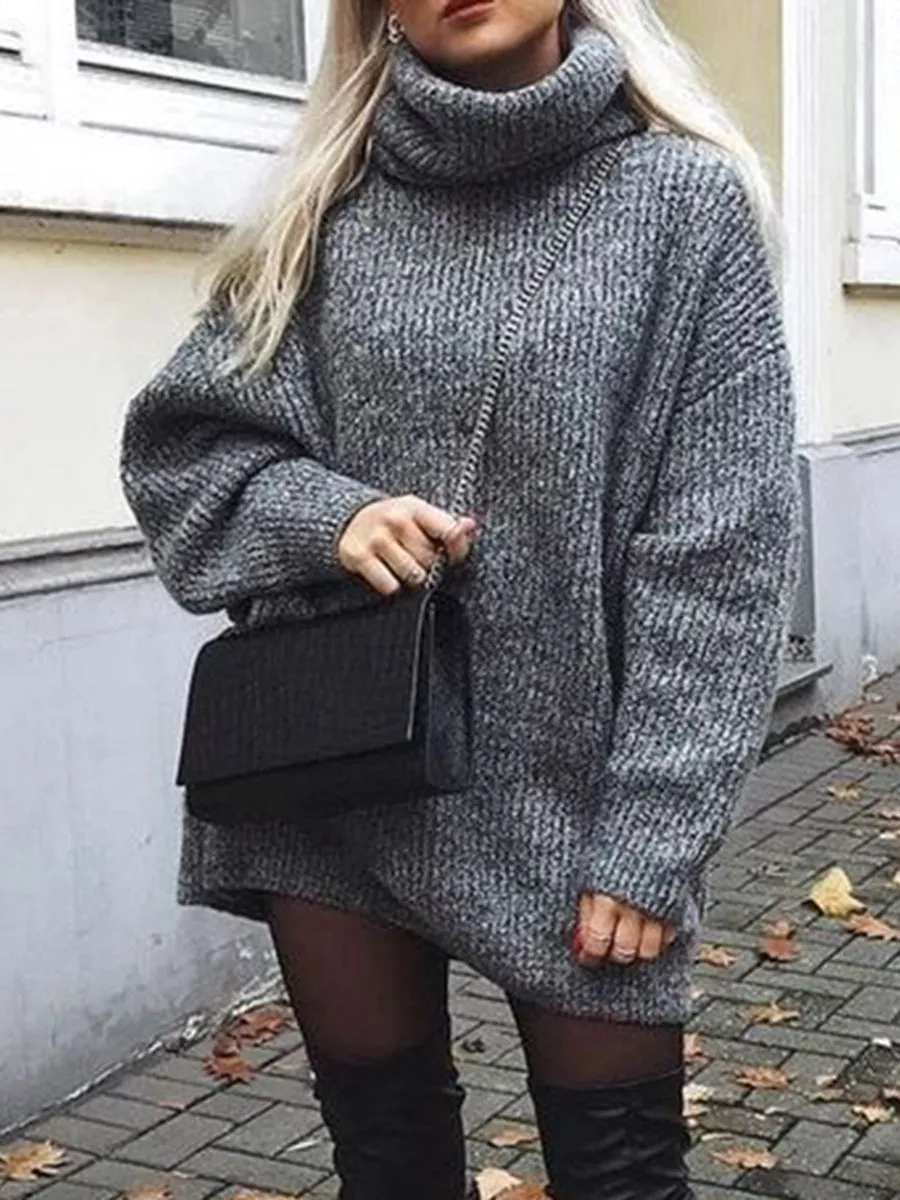 Women'S Fashion Casual High Neck Knitted Sweater Dress