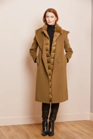 Wool Puffer Combo Hooded Coat with Fur Trim