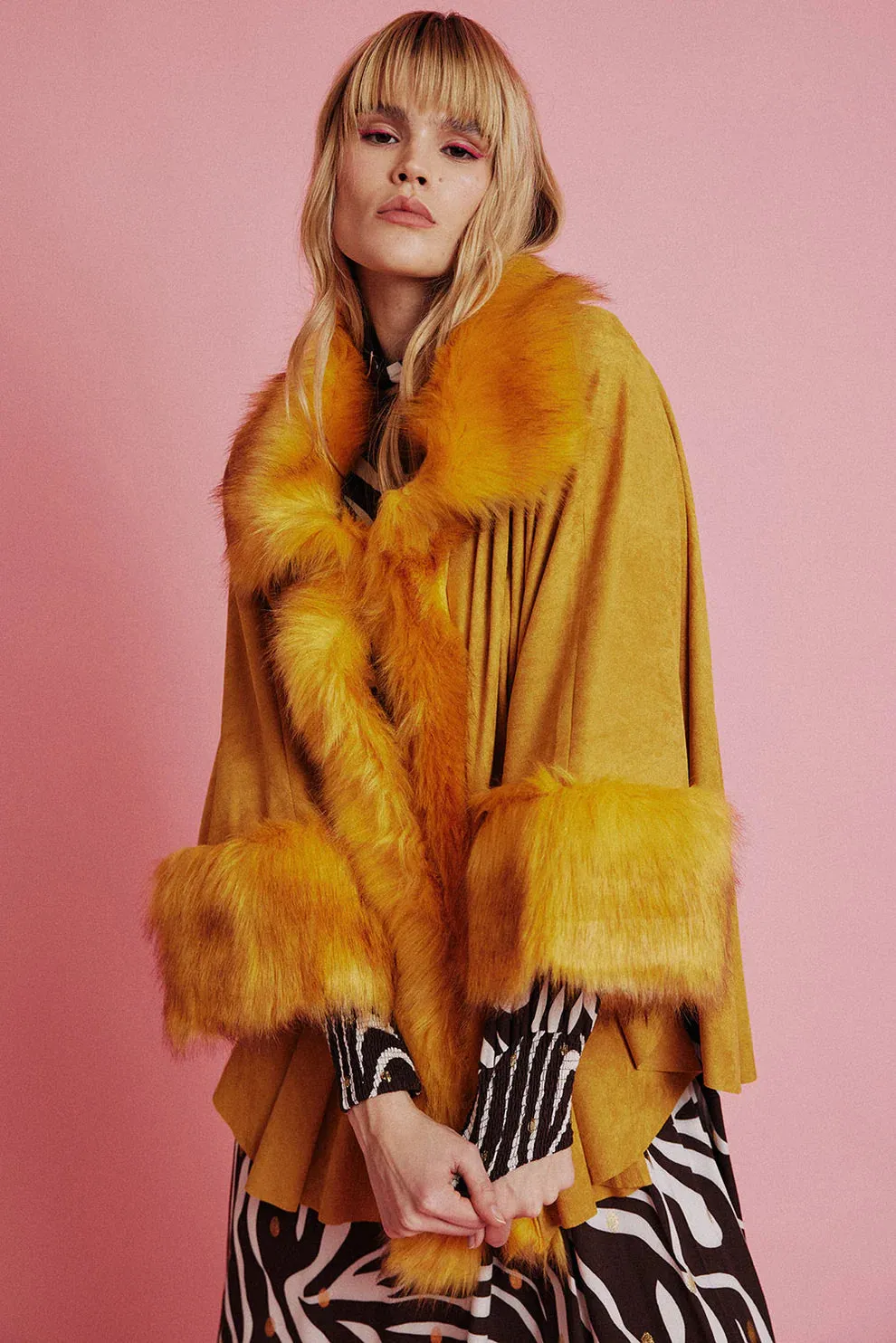 Yellow Faux Fur Suede Cape Jacket