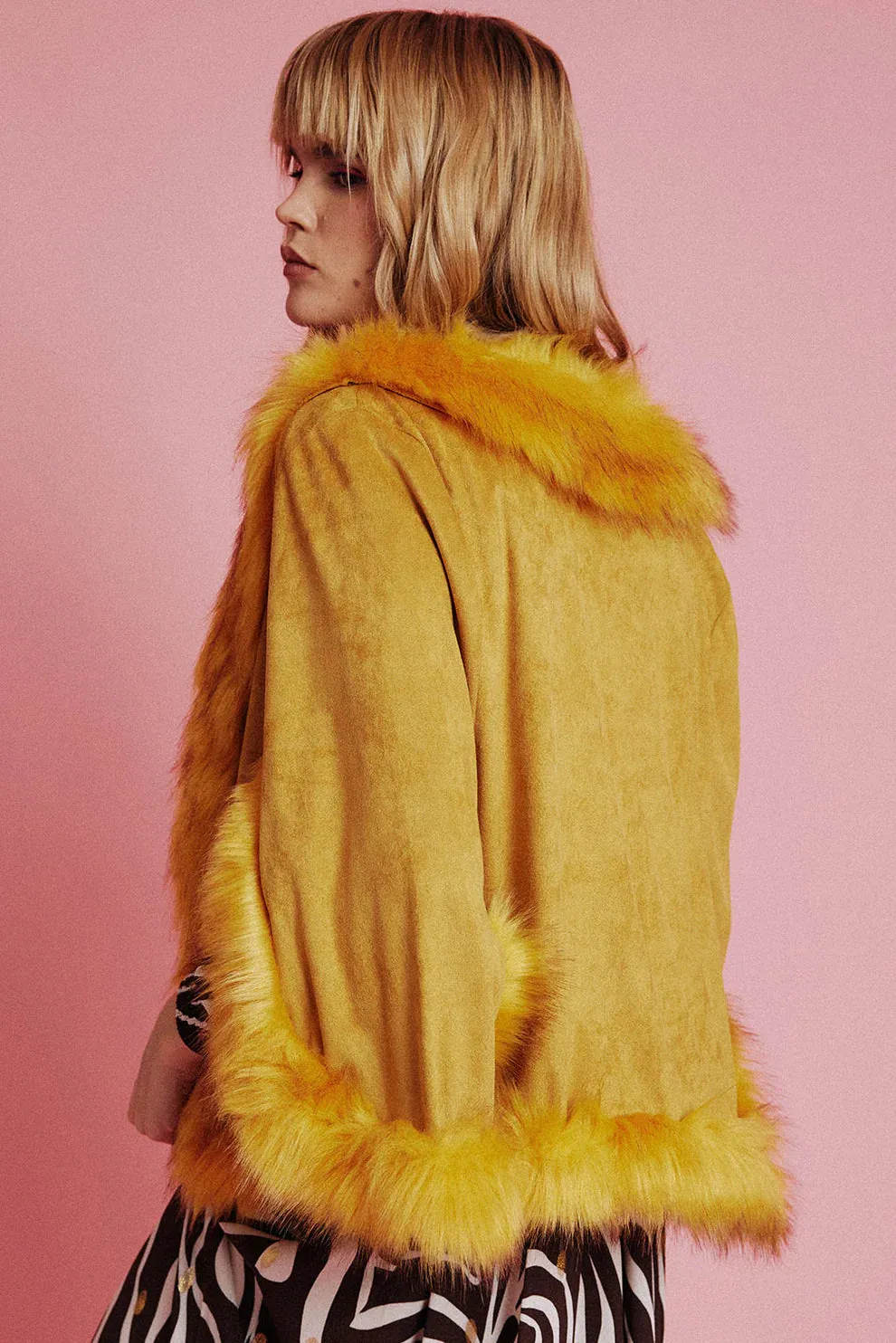 Yellow Faux Fur Suede Cape Jacket